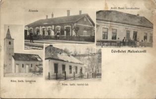 Melcsic, Melcice; Vasútállomás, Római katolikus templom és tanító-lak télen, Brüll Manó üzlete és saját kiadása / railway station, church, teacher's house in winter, shop (fa)