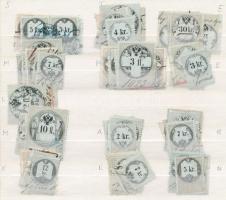 1858-63 Okmánybélyeggyűjtemény betüvízjelek szerint, nagyobb értékekkel is. 64 db bélyeg / Document stamp watermark collection
