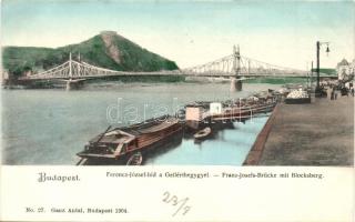 Budapest, Ferenc József híd, Gellért-hegy, rakpart, uszályok. Ganz Antal No. 27.