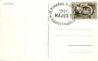 Budapest, Erzsébet híd, rakpart, gőzhajók. Művészlevelezőlap Hausner H. 7014/9. + 1951 Május 1. Jó M...