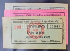 Miskolc / Miskolczi Orthodox Izraelita Anyahitközség 1908-1942. 50db-os vágatási bárca és értékjegy ...