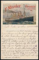 1915 F. Missler Bremen, hajót ábrázoló reklám nyomtatvány + F Missler alu érme a Maria Theresia hajóval / Advertising with ship and alu token with ship