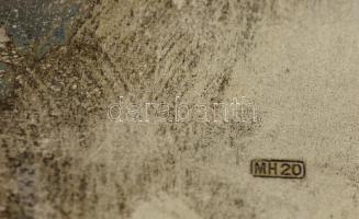 Díszes alpakka bonbonier, jelzett, üveg betéttel, ezüstözött fedéllel, d: 10 cm