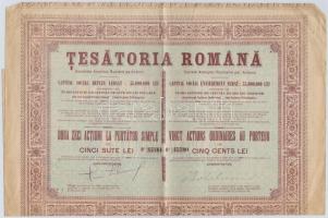 Románia / Bukarest 1927. "Testatoria Romana (Román Ruházati Társaság)" húsz részvénye egyben összesen 10.000L-ről, román és francia nyelven, kézi aláírással, szelvényekkel T:III szakadás Romania / Bucharest 1927. "Testatoria Romana" twenty shares in one, sum total of 10.000 Lei, Romanian and French bilingual, handwritten signatures and coupons C:F tear