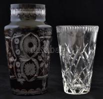 Kis üveg tétel: Lux hámozott, csiszolt, metszett többrétegű váza, jelzett, apró kopásokkal, m: 19,5 cm + formába öntött pohár, d: 9 cm