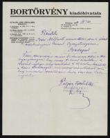 1929 Bortörvény kiadóhivatala, díszes fejléces levél, 29x23 cm
