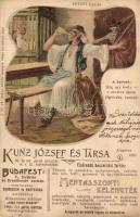 Kunz József és Társa cs. és kir. udvari szállítók és MKSZ nagykereskedők reklámlapja és saját kiadásuk. Petőfi Dala A Borozó / Hungarian wholesalers advertisement, litho (fl)