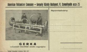 Gerka (Gergely Károly) vulcanizáló készülékek reklámlapja. Budapest, Személynők utca 25. (ma Balassi Bálint) / American Vulcanizer Company in Hungary, advertisement card (EB)