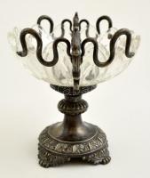 Ezüst (Ag.) talpas kínáló, üveg betéttel, jelzett, apró csorbákkal, kis hiánnyal, m:18,5 cm