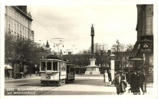 Graz, Bismarkplatz mit Mariensäule / square, tram line 5, automobile, shops