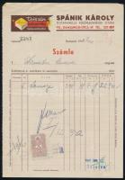 1942 Spánik Károly Tejkaramella Különlegességek Gyára, díszes fejléces számla, okmánybélyeggel, 24x17 cm