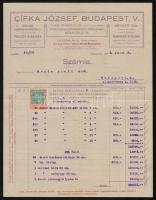 1925 Cífka József pincegazdászati cikkek szaküzlete, díszes fejléces számla, 100K okmánybélyeggel, 29x22,5 cm