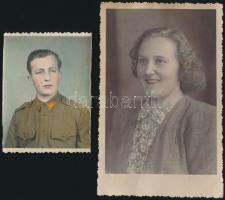 cca 1940 2 db színezett portréfotó, 8x6 és 13x8 cm