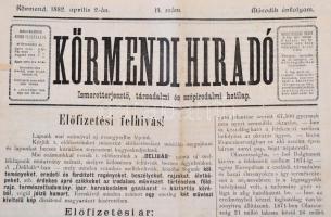 1882 Körmendi Híradó. Ismeretterjesztő, társadalmi és szépirodalmi hetilap. II. évf. 14. sz., 1882. ...