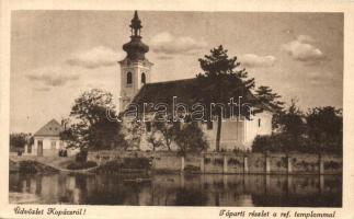 Kopács, Kopacevo; Tóparti részlet és református templom / lake, Calvinist church (EK)