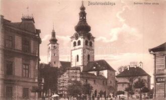 Besztercebánya, Banska Bystrica; Bethlen Gábor utca, felállványozott templom építkezés közben, Teich Adolf üzlete / street vire with church construction, shops