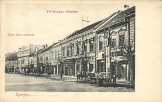 Eperjes, Presov; Fő utca, Római katolikus parókia, szekér, üzletek / main street, parish, shops