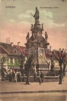 Eperjes, Presov; Szentháromság szobor, Stehr-féle könyvkereskedés. Divald Károly fia / monument, shops (EK)