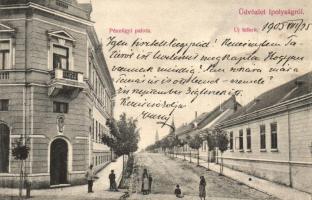 Ipolyság, Sahy; utcakép, Új telkek, Pénzügyi palota / street view with new houses and financial palace