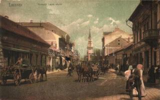 Losonc, Lucenec; Kossuth Lajos utca, lovaskocsik, Seinfeld Antal és Schiffer A. üzlete / street view with shops, horse carts (Rb)