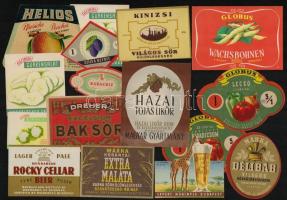 cca 1940-1970 Vegyes ital- és konzervcímke tétel, összesen 35 db, köztük Kőbányai Extra Maláta, Dreher Bak sör, Globus, 9,5x8 és 9x13 cm közti méretben