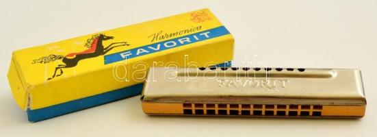 Favorit csehszlovák szájharmonika eredeti dobozában, jó állapotban, h: 12 cm