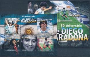50 éve született Diego Maradona kisív  + blokk, 50th birth anniversary of Diego Maradona minisheet + block