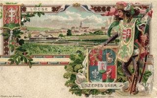 Lőcse, Levoca; Szepes vármegye címere; Athenaeum Rt. kőnyomdája / coat of arms, floral, litho