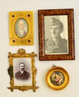 Vegyes kisméretű képkeret tétel, 4 db, bennük II. világháborús német katona fotója, keményhátú műtermi fotó, nyomtatott szentkép, fém és fa, 8x8 és 17x12 cm közti méretben