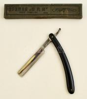 Régi Oka márkájú orosz borotva, jelzett, eredeti dobozában, h: 23,5 cm