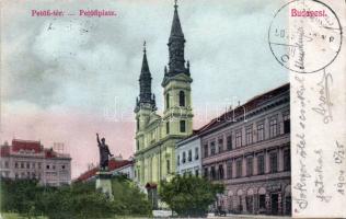 Budapest V. Petőfi tér, Petőfi szobor, Lang Manóné üzlete, templom (EB)