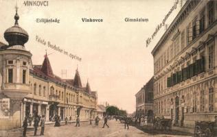 Vinkovce, Vinkovci; utcakép, elöljáróság, gimnázium, gyógyszertár, J. Reich üzlete / street view, grammar school, pharmacy, shop, prefecture