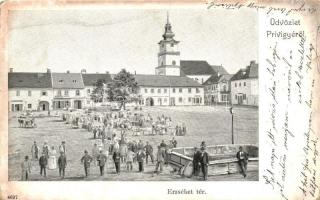 Privigye, Prievidza; Erzsébet tér, piac, árusok, üzletek, templom / square, market vendors, shops, church (EK)