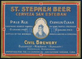 cca 1920 Szent István sör kubai exportra készült sörcímke, Polgári Serfőzde, Kunossy, 8x11 cm / Civil Brewery, St. Stephen Beer, export beer label 8x11 cm