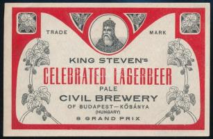cca 1920 Szent István láger, exportra készült sörcímke, Polgári Serfőzde, 7,5x12 cm / Civil Brewery, King Stevens Celebrated lagerbeer, export beer label 7,5x12 cm