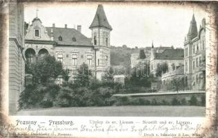 Pozsony, Pressburg, Bratislava; Újtelep és evangélikus líceum. Duschinsky G. kiadása / school