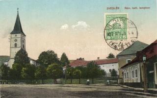 Svedlér, Svedlár; utcakép Római katolikus templommal / street view with church, TCV card