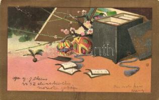 Japanese art postcard, Emb. litho