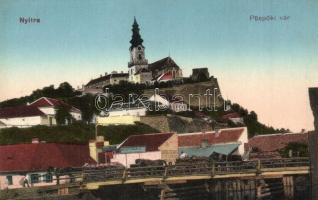 Nyitra, Nitra; Püspöki vár, áruszállító szekerek a hídon, Jenei Ede és Kenczler Lipót üzlete. Huszár István kiadása / bishop castle, bridge with horse carts transporting goods, shops