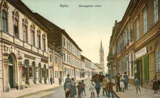 Nyitra, Nitra; Vármegyeház utca, Meitner Miksa cukrászdája, Weidl A. üzlete / street view with shops