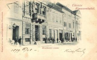 1899 Rimaszombat, Rimavska Sobota; Erzsébet tér, Krausz Simon üzlete, Lévai Izsó papírkereskedése és saját kiadása / square with shops (EK)