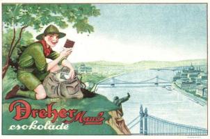 Dreher Maul csokoládé reklámlapja cserkésszel a Gellért-hegyen / Hungarian chocolate advertisement card with boy scout + 1933 Gödöllő IV. Cserkész Jamboree So. Stpl.