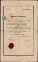 1916 Bp., Vasúti tisztképző tanfolyam eredményes elvégzése kapcsán kiállított képesítő bizonyítvány, okmánybélyeggel, viaszpecséttel