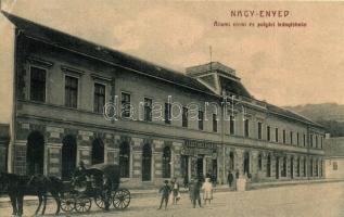 Nagyenyed, Aiud; Állami elemi és polgári leányiskola, hintó, Fesztinger Dávid üzlete / girl school, chariot, shop (EK)