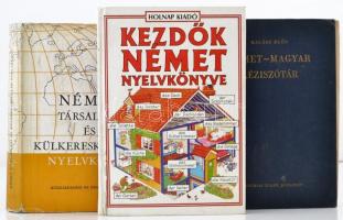 Vegyes német nyelvkönyvek és szótár tétel, 3 db: Helen Davies: Kezdők német nyelvkönyve. Fordította Adamik Lajos.  Dr. Báder Dezső-Könings Félix-Markó Ivánné-Radnai Ferencné: Német társalgási és külkereskedlmi nyelvkönyv. Halász Előd: Német-magyar kéziszótár.  Bp.,1969-1991, Akadémiai Kiadó-Közgazdasági és Jogi-Holnap. Különféle kötésben,változó állapotban. A Halász Előd kéziszótár rossz, széteső állapotban.