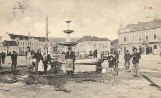 Zilah, Zalau; Artézi kút, üzletek, tér / square, shops, artesian well (EK)