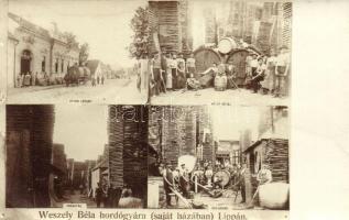 Lippa, Lipova; Weszely Béla hordógyára (saját házában), hátsó és első udvar, utcakép, faraktár, munkások / barrel factory with workers, timber yard. photo (EK)