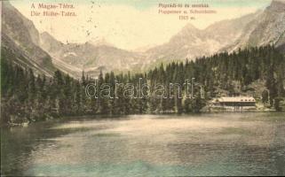 Tátra, Poprádi tó és menház. Divald Károly kiadása / Poppersee und Schutzhütte / lake, rest house (EK)