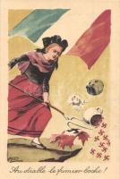 Au diable le fumier boche! / WWII French anti-Nazi propaganda art postcard. Editions Xavier Mappus s: Zislin