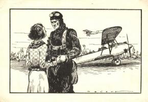Magyar katonai repülős grafikai lap / Hungarian military pilot graphic art postcard, aircraft s: Gruber (EK)